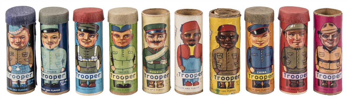 1930s R43-3 American Mint Co. "Trooper Series" Containers Complete Set (10) Plus Doughboy Coupon
